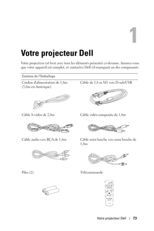 Page 73Votre projecteur Dell73
1
Votre projecteur Dell
Votre projecteur est livré avec tous les él éments présentés ci-dessous. Assurez-vous 
que votre appareil est complet, et contactez Dell sil manquait un des composants. 
Contenu de lEmballage
Cordon dalimentation de 1,8m 
(3,0m en Amérique) Câble de 1,8 m M1 vers D-sub/USB
Câble S-vidéo de 2,0m Câble vidéo composite de 1,8m
Câble audio vers RCA de 1,8m Câble mi ni broche vers mini broche de 
1,8m
Piles (2) Télécommande 