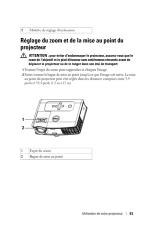 Page 81Utilisation de votre projecteur81
Réglage du zoom et de la mise au point du 
projecteur 
 ATTENTION : pour éviter dendommager le projecteur, assurez-vous que le 
zoom de lobjectif et le pied élévateur sont entièrement rétractés avant de 
déplacer le projecteur ou de le ranger dans son étui de transport.
1Tournez l’ergot du zoom pour rapprocher et éloigner limage.
2Faites tourner la bague de mise au point jusquà ce que limage soit nette. La mise 
au point du projecteur peut être réglée dans les distances...