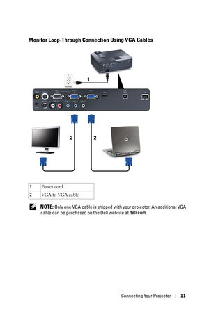 Page 11Connecting Your Projector11
Monitor Loop-Through Connection Using VGA Cables
 NOTE: Only one VGA cable is shipped with your projector. An additional VGA 
cable can be purchased on the Dell website at dell.com. 1Po w e r  c o rd
2VGA to VGA cable
1
22 