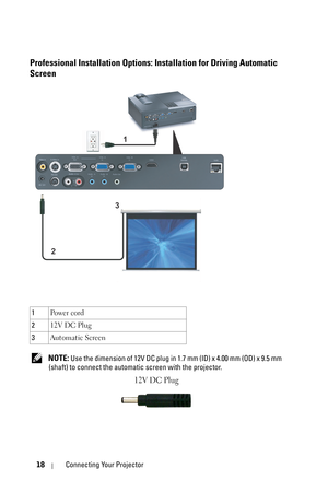 Page 1818Connecting Your Projector
Professional Installation Options: Installation for Driving Automatic 
Screen
 NOTE: Use the dimension of 12V DC plug in 1.7 mm (ID) x 4.00 mm (OD) x 9.5 mm 
(shaft) to connect the automatic screen with the projector.
12V DC Plug
1Po w e r  c o rd
212V DC Plug
3Automatic Screen
1
23 