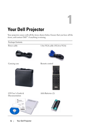 Page 66Your Dell Projector
1
Your Dell Projector
Your projector comes with all the items shown below. Ensure that you have all the 
items, and contact Dell™ if anything is missing. 
Package Contents
Power cable 1.8m VGA cable (VGA to VGA)
Carrying case Remote control
CD User’s Guide & 
DocumentationAAA Batteries (2) 