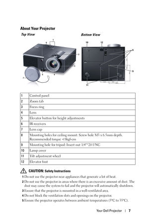 Page 7Your Dell Projector7
About Your Projector 
 CAUTION: Safety Instructions
1Do not use the projector near appliances that generate a lot of heat.
2Do not use the projector in areas where there is an excessive amount of dust. The 
dust may cause the system to fail and the projector will automatically shutdown.
3Ensure that the projector is mounted in a well-ventilated area.
4Do not block the ventilation slots and openings on the projector.
5Ensure the projector operates between ambient temperatures (5ºC to...