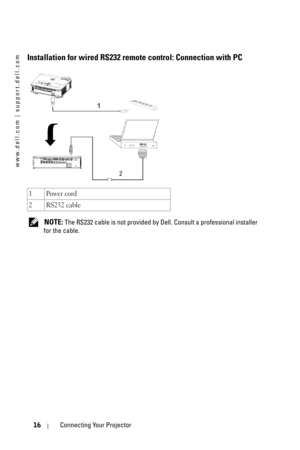Page 16www.dell.com | support.dell.com
16Connecting Your Projector
Installation for wired RS232 remote control: Connection with PC
 NOTE: The RS232 cable is not provided by Dell. Consult a professional installer 
for the cable. 1Power cord
2 RS232 cable 