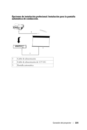 Page 225Conexión del proyector225
Opciones de instalación profesional: Instalación para la pantalla 
automática de conducción.
1Cable de alimentación
2 Cable de alimentación de 12 V CC
3 Pantalla automática 