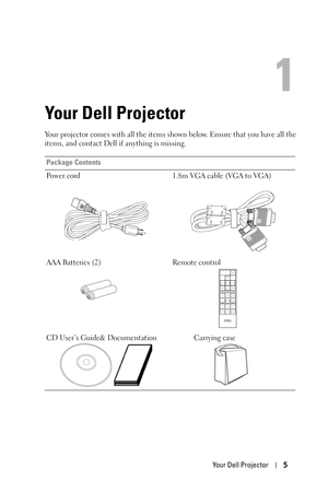 Page 5Your Dell Projector5
1
Your Dell Projector
Your projector comes with all the items shown below. Ensure that you have all the 
items, and contact Dell if anything is missing.
Package Contents
Power cord 1.8m VGA cable (VGA to VGA)
AAA Batteries (2) Remote control
CD User’s Guide& Documentation Carrying case 