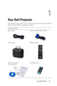 Page 5Your Dell Projector5
1
Your Dell Projector
Your projector comes with all the items shown below. Ensure that you have all the 
items, and contact Dell™ if anything is missing. 
Package Contents
Power cable 1.8m VGA cable (VGA to VGA)
Carrying case Remote control
CD User’s Guide & 
DocumentationAAA Batteries (2) 