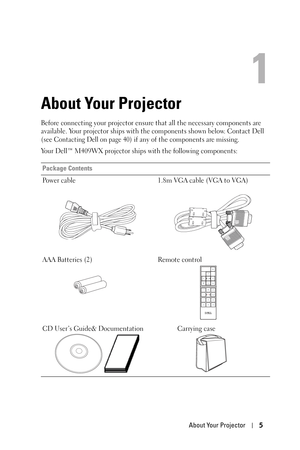 Page 5About Your Projector5
1
About Your Projector
Before connecting your projector ensure that all the necessary components are 
available. Your projector ships with the components shown below. Contact Dell 
(see 
Contacting Dell on page 40) if any of the components are missing. 
Your Dell™ M409WX projector ships with the following components:
Package Contents
Power cable 1.8m VGA cable (VGA to VGA)
AAA Batteries (2) Remote control
CD User’s Guide& Documentation Carrying case 