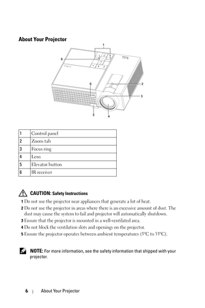 Page 66About Your Projector
About Your Projector
 CAUTION: Safety Instructions
1Do not use the projector near appliances that generate a lot of heat.
2Do not use the projector in areas where there is an excessive amount of dust. The 
dust may cause the system to fail an d projector will automatically shutdown.
3Ensure that the projector is mounted in a well-ventilated area.
4Do not block the ventilation slots and openings on the projector.
5Ensure the projector operates between ambient temperatures (5ºC to...