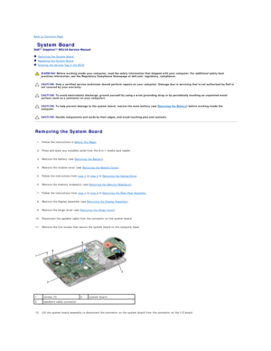 Page 42Back to Contents Page    
 System Board   
 
   Removing the System Board   
   Replacing the System Board   
   Entering the Service Tag in the BIOS   
 
   
   
   
   
Removing the System Board   
   
1. Follow the instructions in  Before You Begin .   
 
     
2. Press and eject any installed cards from the 8 - in - 1 media card reader.   
 
     
3. Remove the battery (see  Removing the Battery ).   
 
     
4. Remove the module cover (see  Removing the Module Cover ).   
 
     
5. Follow the...