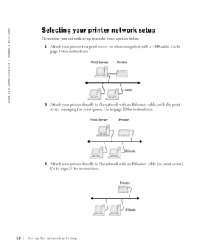 Page 1212Set up for network printing
www.dell.com/supplies | support.dell.com
Selecting your printer network setup
Determine your network setup from the three options below.
1Attach your printer to a print server (or other computer) with a USB cable. Go to 
page 13 for instructions.
2Attach your printer directly to the network with an Ethernet cable, with the print 
server managing the print queue. Go to page 20 for instructions.
3Attach your printer directly to the network with an Ethernet cable (no print...