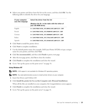 Page 15Set up for network printing15
4Select your printer and driver from the list on the screen, and then click OK. Use the 
following table to identify the driver for your language. 
5Click Next to install the printer driver.
6Click Next to complete installation.
7Use the default printer name (for example, Dell Laser Printer M5200) or type a unique 
name for your printer, and then click Next.
8Click Yes (recommended), and then click Fi ni sh to print a test page. 
9After the test page prints, click Ye s to...