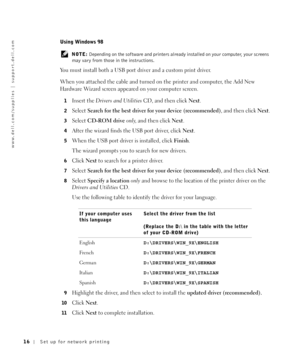 Page 1616Set up for network printing
www.dell.com/supplies | support.dell.com
Using Windows 98 
 NOTE: Depending on the software and printers already installed on your computer, your screens 
may vary from those in the instructions.
You must install both a USB port driver and a custom print driver. 
When you attached the cable and turned on the printer and computer, the Add New 
Hardware Wizard screen appeared on your computer screen.
1Insert the Drivers and UtilitiesCD, and then click Next.
2Select Search for...