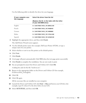 Page 43Set up for local printing43
Use the following table to identify the driver for your language.
3Highlight the appropriate driver, and then click Finish. 
The Add Printer Wizard screen appears. 
4Use the default printer name (for example, Dell Laser Printer M5200), or type a 
unique name for your printer.
5Select whether or not to use this printer as the default printer.
6Click Next.
7Click Fi ni sh. 
8A test page will print automatically. Click YES when the test page prints successfully.
9Click Fi ni sh...