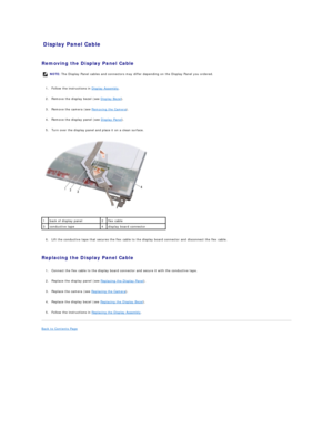 Page 17Display Panel Cable   
   
Removing the Display Panel Cable  
   
1. Follow the instructions in  Display Assembly .   
 
     
2. Remove the display bezel (see  Display Bezel ).   
 
     
3. Remove the camera (see  Removing the Camera ).   
 
     
4. Remove the display panel (see  Display Panel ).   
 
     
5. Turn over the display panel and place it on a clean surface.   
 
   
   
6. Lift the conductive tape that secures the flex cable to the display board connector and disconnect the flex cable....