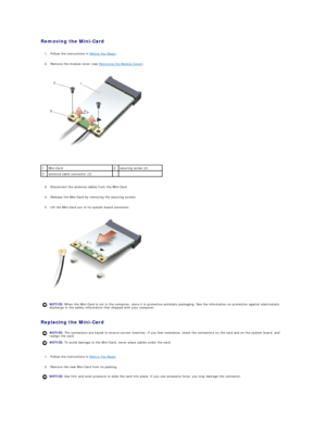Page 25Removing the Mini - Card  
   
1. Follow the instructions in  Before You Begin .   
 
     
2. Remove the module cover (see  Removing the Module Cover ).   
 
   
   
3. Disconnect the antenna cables from the  Mini - Card.   
 
     
4. Release the  Mini - Card by removing the securing screws.   
 
     
5. Lift the  Mini - Card  out of its system board connector.   
 
   
   
Replacing the Mini - Card  
   
1. Follow the instructions in  Before You Begin .   
 
     
2. Remove the new Mini - Card from...