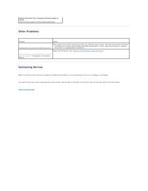 Page 103Other Problems  
 
Contacting Service  
   
When you call for printer service, be prepared to describe the problem you are experiencing or the error message on the display.  
   
You need to know your printer model type and serial number. See the label on the back of the printer near the controller card for this information.  
   
back to contents page  Cannot print from Tray 1 because the Covers paper is 
curled.  
Load the Covers paper into the single sheet feeder.  
Problem   Action  
   
Condensation...