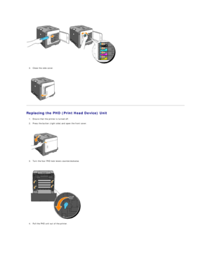 Page 107   
3. Close the side cover.  
 
 
   
Replacing the PHD (Print Head Device) Unit  
1. Ensure that the printer is turned off.  
 
2. Press the button (right side) and open the front cover.  
 
 
   
3. Turn the four PHD lock levers counterclockwise.  
 
 
   
4. Pull the PHD unit out of the printer.  
 
   