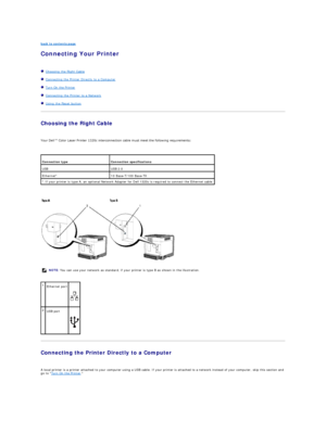 Page 12back to contents page  
Connecting Your Printer   
   
   Choosing the Right Cable  
   Connecting the Printer Directly to a Computer  
   Turn On the Printer  
   Connecting the Printer to a Network  
   Using the Reset button  
Choosing the Right Cable  
   
Your Dell™ Color Laser Printer 1320c interconnection cable must meet the following requirements:  
 
 
   
 
Connecting the Printer Directly to a Computer  
   
A local printer is a printer attached to your computer using a USB cable. If your...