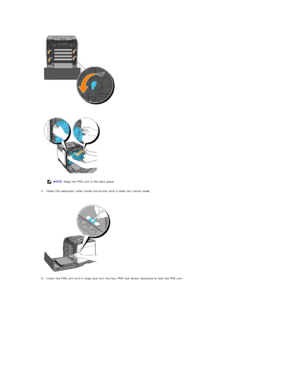 Page 114   
 
   
4. Clean the separator roller inside the printer with a clean dry cotton swab.  
 
 
   
5. Insert the PHD unit until it stops and turn the four PHD lock levers clockwise to lock the PHD unit.  
 
  NOTE:  Keep the PHD unit in the dark place.  