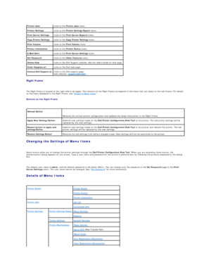 Page 21Right Frame  
   
The Right Frame is located at the right side of all pages. The contents of the Right Frame correspond to the menu that you select in the Left Frame. For details 
on the items displayed in the Right Frame, see  Details of Menu Items .  
Buttons on the Right Frame  
   
Changing the Settings of Menu Items  
   
Some menus allow you to change the printer settings through the  Dell Printer Configuration Web Tool . When you are accessing these menus, the 
authentication dialog appears on the...