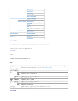 Page 22Printer Status  
   
Use the  Printer Status  menu to check the status of consumables, hardware, and specifications of the printer.  
   
The following pages are displayed in the  Printer Status  menu.  
Printer Status  
   
Purpose:  
   
To check the status of remaining consumables and trays.  
   
Values:  
 
Printer Events   Adjust Altitude  
Reset Defaults  
Non - Dell Toner  
Initialize PrintMeter  
Web Link Customization  
Print Server Settings   Print Server Reports   Print Server Setup Page  
E...