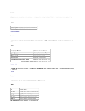 Page 23   
Purpose:  
   
When printer errors occur such as  running out of paper  or  running out of toner cartridge , the details of all alerts or indications of errors are displayed in the 
Printer Events  page.  
   
Values:  
 
Printer Information  
   
Purpose:  
   
To verify the printer details such as hardware configuration and software version. This page can also be displayed by clicking  Printer Information  in the Left 
Frame.  
   
Values:  
 
Printer Jobs  
   
The  Printer Jobs  menu contains...