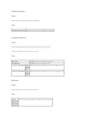 Page 28Auto Registration Adjustment  
   
Purpose:  
   
Specifies whether to adjust the color registration automatically.  
   
Values:  
 
   
   
Color Registration Adjustments  
   
Purpose:  
   
To print the color registration chart and to adjust the color registration by using the chart.  
   
This function is required after the printer is set up or moved.  
   
Values:  
 
   
Adjust Altitude  
   
Purpose:  
   
To adjust the height of the installation location of the printer.  
   
Values:...