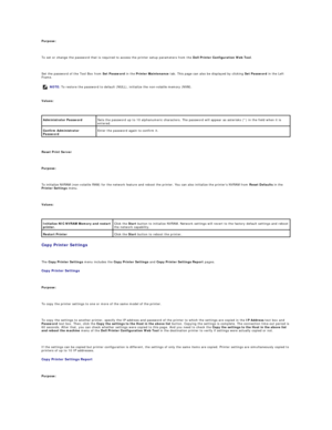 Page 36Purpose:  
   
To set or change the password that is required to access the printer setup parameters from the  Dell Printer Configuration Web Tool .  
   
Set the password of the Tool Box from  Set Password  in the  Printer Maintenance  tab. This page can also be displayed by clicking  Set Password  in the Left 
Frame.  
   
Values:  
 
   
Reset Print Server  
   
Purpose:  
   
To initialize NVRAM (non - volatile RAM) for the network feature and reboot the printer. You can also initialize the printers...