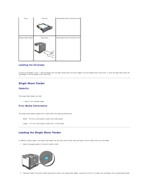 Page 47Loading the Envelope  
   
To load an envelope in Tray 1, load envelopes with the flaps closed when the short - edges of the envelopes enter the printer, or with the flaps open when the 
long - edges of the envelopes enter the printer.  
Single Sheet Feeder  
Capacity  
   
The single sheet feeder can hold:  
   
l 1 sheet of the standard paper.  
 
Print Media Dimensions  
   
The single sheet feeder accepts print media within the following dimensions:  
   
l Width  -  76.2 mm (3.00 inches) to 220.0 mm...