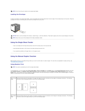 Page 48Loading the Envelope  
   
To load an envelope in the single sheet feeder, insert the envelope with the flap closed when the short edge of the envelop e faces into the printer. Place the 
envelope with the print side facing down and slide the envelope into the entry slot.  
 
   
Using the Single Sheet Feeder  
   
l Insert an envelope with the flap side face down and with the stamp area on the top right side.  
 
     
l Load letterhead face - down, with the top of the sheet entering the printer first....