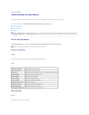 Page 62back to contents page  
Understanding Tool Box Menus   
   
The Tool Box allows you to view or specify the printer settings. You can also diagnose the printer settings by using the Tool Box.  
   
The Tool Box consists of the  Printer Settings Report ,  Printer Maintenance , and  Diagnosis  tabs.  
   Printer Settings Report  
   Printer Maintenance  
   Diagnosis  
Printer Settings Report  
   
The  Printer  Settings Report  tab includes the  Printer Information ,  Menu Settings ,  Reports , and  TCP/IP...