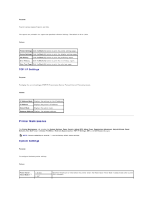 Page 64Purpose:  
   
To print various types of reports and lists.  
   
The reports are printed in the paper size specified in Printer Settings. The default is A4 or Letter.  
   
Values:  
 
TCP/IP Settings  
   
Purpose:  
   
To display the current settings of TCP/IP (Transmission Control Protocol/Internet Protocol) protocol.  
   
Values:  
 
Printer Maintenance  
   
The  Printer Maintenance  tab includes the  System Settings ,  Paper Density ,  Adjust BTR ,  Adjust Fuser ,  Registration Adjustment ,...