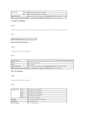 Page 69Initialize PrintMeter  
   
Purpose:  
   
To initialize the data for the print meter. After executing this function to automatically restart the printer, the value of the meter resets to 0.   
   
Values:  
 
Web Link Customization  
   
Purpose:  
   
To configure the link used for ordering supplies.  
   
Values:  
 
TCP/IP Settings  
   
Purpose:  
   
To specify the TCP/IP settings for the network.  
   
Values:  
  Non - Dell Toner   Off*   Disables the use of refilled toner cartridges.  
On...