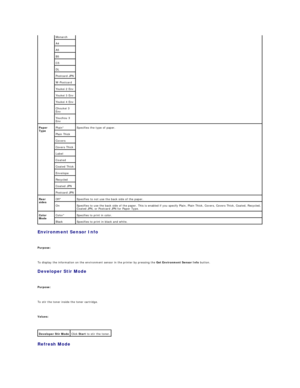 Page 72Environment Sensor Info  
   
Purpose:  
   
To display the information on the environment sensor in the printer by pressing the  Get Environment Sensor Info  button.  
Developer Stir Mode  
   
Purpose:  
   
To stir the toner inside the toner cartridge.  
   
Values:  
 
Refresh Mode  
    Monarch  
A4  
A5  
B5  
C5  
DL  
Postcard JPN  
W - Postcard  
Youkei 2 Env  
Youkei 3 Env  
Youkei 4 Env  
Choukei 3 
Env  
Youchou 3 
Env  
Paper 
Type   Plain*   Specifies the type of paper.  
Plain Thick...