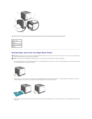 Page 84   
 
Clearing Paper Jams From the Single Sheet Feeder  
1. Pull the jammed paper out of the single sheet feeder. If no jammed paper can be found or it is hard to remove the paper, go to the next step to remove 
the jammed paper from the inside of the printer.  
 
 
   
2. Remove the tray 1 from the printer, and then pull out the jammed paper remaining inside the printer. If no jammed paper can be found or it is hard to 
remove the paper, go to the next step to remove the jammed paper from the inside of...