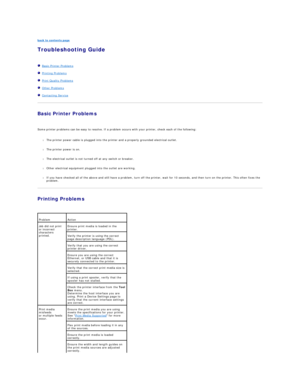 Page 88back to contents page  
Troubleshooting Guide   
   
   Basic Printer Problems  
   Printing Problems  
   Print Quality Problems  
   Other Problems  
   Contacting Service  
Basic Printer Problems  
   
Some printer problems can be easy to resolve. If a problem occurs with your printer, check each of the following:  
   
l The printer power cable is plugged into the printer and a properly grounded electrical outlet.  
 
     
l The printer power is on.  
 
     
l The electrical outlet is not turned...
