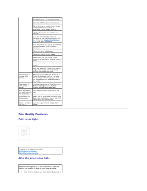 Page 89Print Quality Problems  
Print is too light.  
 
   
 
All of the print is too light.  
  Ensure the Tray 1 is securely inserted.  
Do not overfill the print media sources.  
Do not force print media into the single 
sheet feeder when you load it; 
otherwise, it may skew or buckle.  
Remove any curled print media from 
sources.  
Load the recommended print side 
correctly for the type of print media you 
are using. See  Loading Print Media in 
Tray 1  for more information.  
Turn the print media over or...