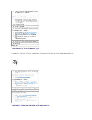 Page 91Toner smears or print comes off page.  
   
If you are printing on an uneven print surface, change the paper type setting in the printer driver. For example, change the plain paper to thick.  
 
   
   
Toner spots appear on the page/printing is blurred.  
  3.   If the print is too light, Select Refresh Mode from the 
list. Press the Start(1) - (4) buttons.    
   
CAUTION:  Using the Refresh Mode consumes extra toner.    
4.   After you complete the Refresh Mode, select Chart 
Print from the list....