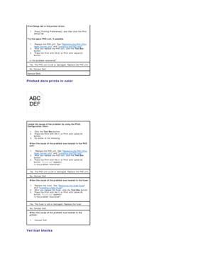 Page 94Pitched dots prints in color  
 
   
 
Vertical blanks  
  Print Setup tab in the printer driver.  
1.   Press [Printing Preferences], and then click the Print 
Setup tab.    
Try the spare PHD unit, if possible.  
1.   Replace the PHD unit. See  Replacing the PHD (Print 
Head Device) Unit  and  Installing the PHD Unit .    
2.   After you replace the PHD unit, click the  Tool Box  
button.    
3.   Press the Print with A4(3) or Print with Letter(C) 
button.    
Is the problem recovered?  
Yes. The PHD...