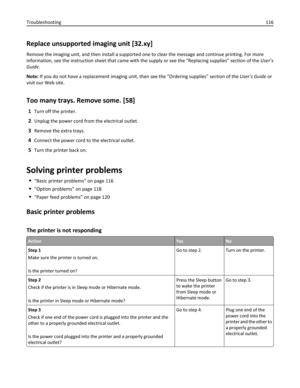 Page 116Replace unsupported imaging unit [32.xy]
Remove the imaging unit, and then install a supported one to clear the message and continue printing. For more
information, see the instruction sheet that came with the supply or see the “Replacing supplies” section of the User’s
Guide.
Note: If you do not have a replacement imaging unit, then see the “Ordering supplies” section of the User’s Guide or
visit our Web site.
Too many trays. Remove some. [58]
1Turn off the printer.
2Unplug the power cord from the...
