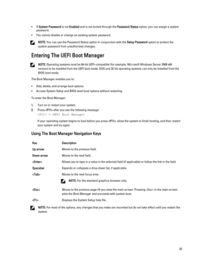 Page 33•If System Password is not Enabled and is not locked through the Password Status option, you can assign a system 
password.
•You cannot disable or change an existing system password.
NOTE: You can use the Password Status option in conjunction with the Setup Password option to protect the 
system password from unauthorized changes.
Entering The UEFI Boot Manager
NOTE: Operating systems must be 64-bit UEFI-compatible (for example, Microsoft Windows Server 2008 x64 
version) to be installed from the UEFI...