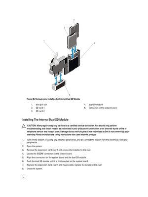 Page 74Figure 36. Removing and Installing the Internal Dual SD Module
1.blue pull tab
2.SD card 1
3.SD card 2
4.dual SD module
5.connector on the system board
Installing The Internal Dual SD Module
CAUTION: Many repairs may only be done by a certified service technician. You should only perform 
troubleshooting and simple repairs as authorized in your product documentation, or as directed by the online or 
telephone service and support team. Damage due to servicing that is not authorized by Dell is not covered...