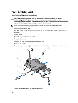 Page 100Power Distribution Board
Removing The Power Distribution Board
CAUTION: Many repairs may only be done by a certified service technician. You should only perform 
troubleshooting and simple repairs as authorized in your product documentation, or as directed by the online or 
telephone service and support team. Damage due to servicing that is not authorized by Dell is not covered by your 
warranty. Read and follow the safety instructions that came with the product.
NOTE: The power distribution board is...
