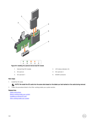 Page 124Figure 64. Installing the optional internal dual SD module
1.Internal Dual SD module2.LED status indicator (2)3.SD card (2)4.SD card slot 25.SD card slot 16.IDSDM connector
Next steps
1.Install the SD cards.
NOTE: Re-install the SD cards into the same slots based on the labels you had marked on the cards during removal.
2.Follow the procedure listed in the After working inside your system section.
Related links
Safety instructions
Before working inside your system
Installing an internal SD card
After...