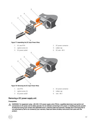 Page 137Figure 77. Assembling the DC Input Power Wires
1.DC wire RTN2.DC power connector3.captive screw (2)4.rubber cap5.DC power socket6.DC wire 