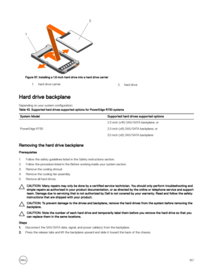 Page 157Figure 97. Installing a 1.8-inch hard drive into a hard drive carrier
1.hard drive carrier2.hard drive
Hard drive backplane
Depending on your system con