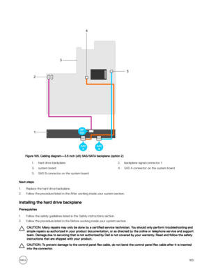 Page 165Figure 105. Cabling diagram—3.5 inch (x8) SAS/SATA backplane (option 2)
1.hard drive backplane2.backplane signal connector 13.system board4.SAS A connector on the system board5.SAS B connector on the system board
Next steps
1.Replace the hard drive backplane.
2.Follow the procedure listed in the After working inside your system section.
Installing the hard drive backplane 
Prerequisites
1.Follow the safety guidelines listed in the Safety instructions section. 
2.Follow the procedure listed in the Before...