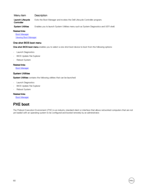 Page 60Menu itemDescriptionLaunch Lifecycle 
ControllerExits the Boot Manager and invokes the Dell Lifecycle Controller program.System UtilitiesEnables you to launch System Utilities menu such as System Diagnostics and UEFI shell.
Related links
Boot Manager
Viewing Boot Manager
One-shot BIOS boot menu
One-shot BIOS boot menu enables you to select a one-shot boot device to boot from the following options:
