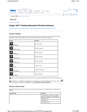 Page 4 
 
Contact  Us; 1-800-915-3355 or Live Chat
 Products Services Support  Purchase HelpLearnAccountKeyword Search
You are here:    Dell  USA > Support Home Page 
My AccountMy Order Status 
Back to Contents Page 
Usage: Dell™ Desktop Bluetooth Wireless Keyboard 
Using the Hotkeys • Using the Audio Cluster • Using the Application Key and Windows Keys • Lock Status 
Using the Hotkeys 
Eight hotkeys are designed on this keyboard for performing the Internet browser functions and launching E-mail, My 
Computer,...