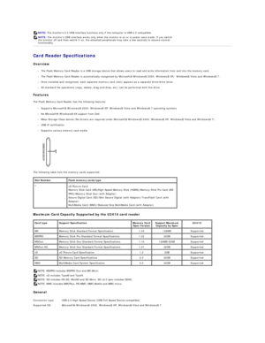 Page 14Card Reader Specifications  
Overview  
l The Flash Memory Card Reader is a USB storage device that allows users to read and write information from and into the memory card.   
   
l The Flash Memory Card Reader is automatically recognized by Microsoft Windows 2000, Windows   Vista and Windows 7 .   
   
l Once installed and recognized, each separate memory card (slot) appears as a separate drive/drive letter.   
   
l All standard file operations (copy, delete, drag - and - drop, etc.) can be performed...